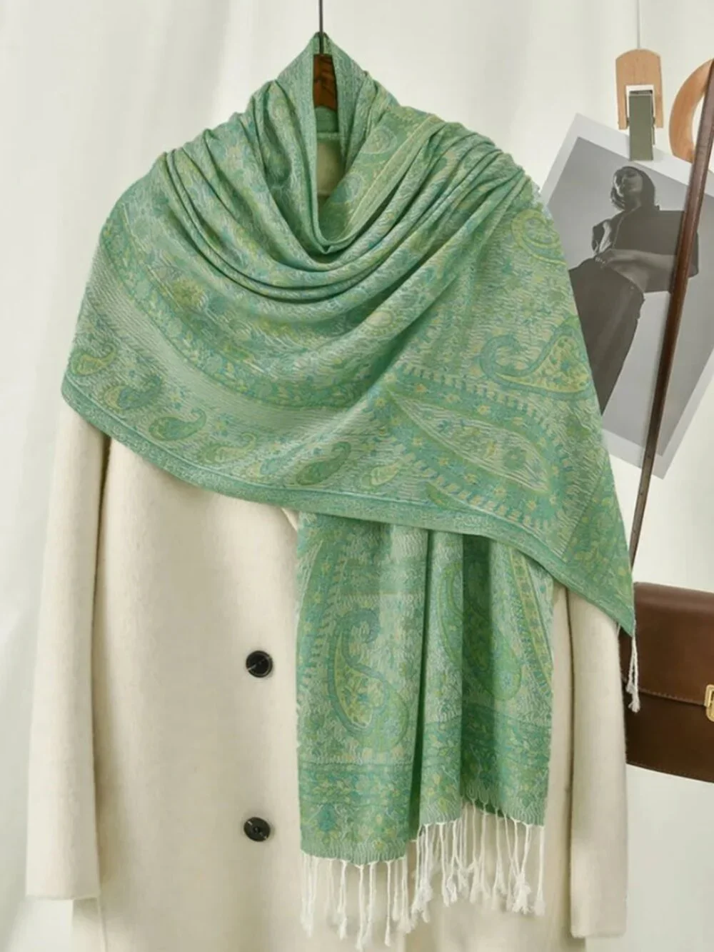 Light Green Paisley pashmina Scarf / Shawl